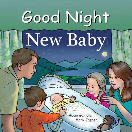 Cover of Good Night, New Baby Board Book showing a family gathered around a crib with a sleeping baby, mountain and lake scenery in the background, styled for a curated children’s boutique.