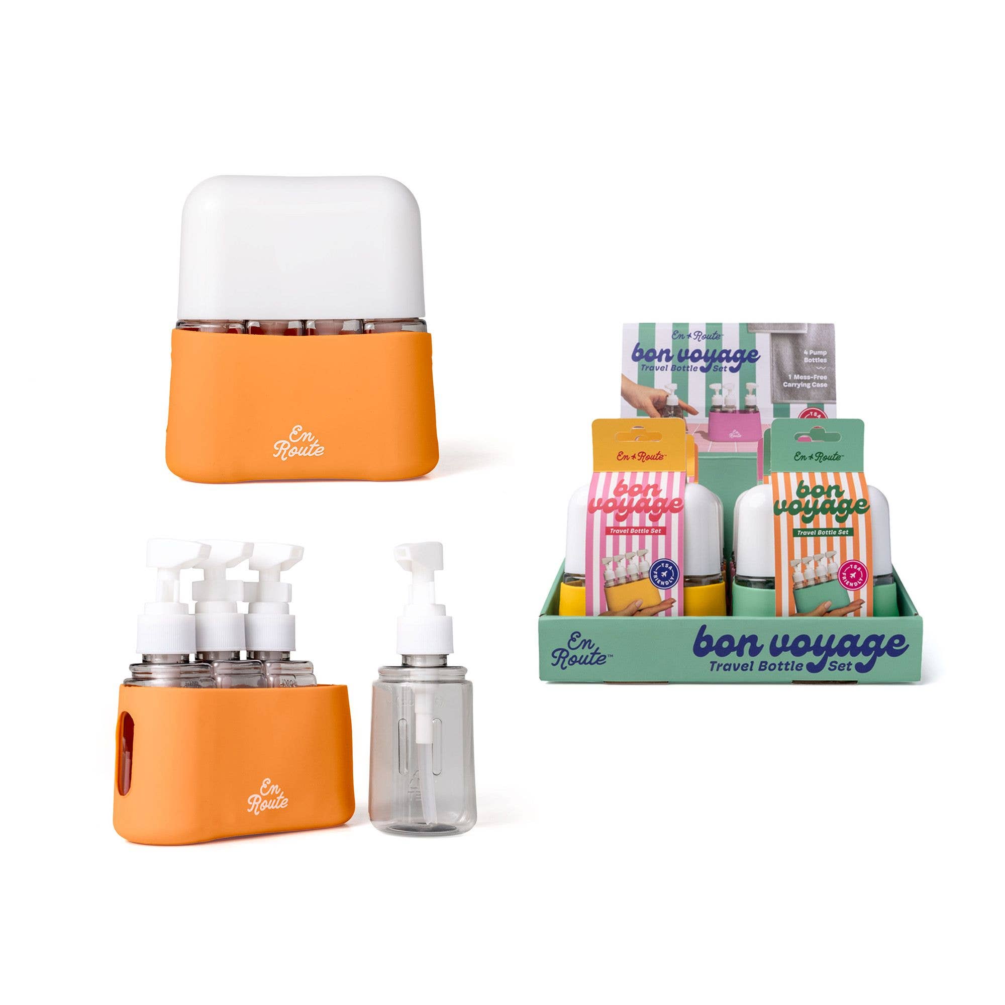 En Route - Bon Voyage 4 Piece Travel Bottles in a bright orange silicone case, designed for stylish organization and practical mom life essentials in a curated children’s boutique.
