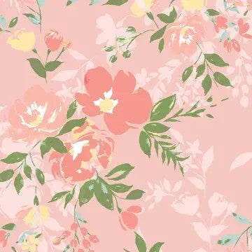 A repeating floral pattern featuring coral-pink flowers, green leaves, and soft yellow accents on a light pink background.