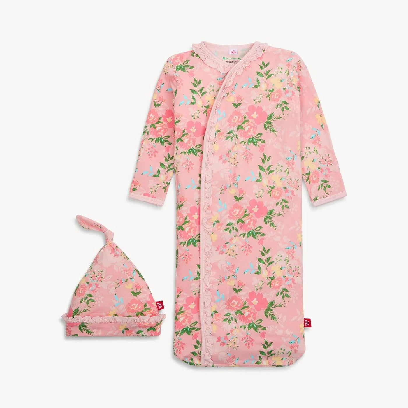 Floral baby onesie and hat set on a white background
