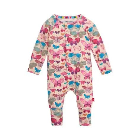 A baby long-sleeve footless one-piece jumpsuit with an all-over colorful butterfly print on a light pink background, shown against a plain white background.