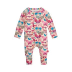A baby long-sleeve footless one-piece jumpsuit with an all-over colorful butterfly print on a light pink background, shown against a plain white background.