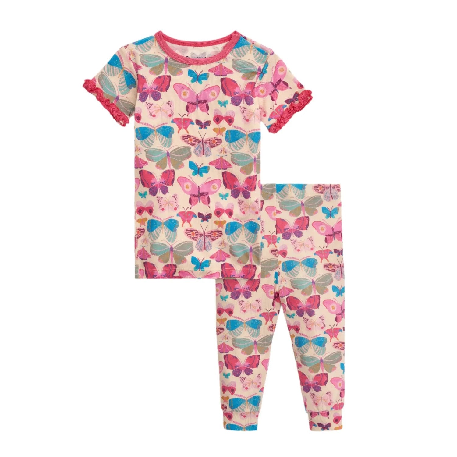A two-piece children's pajama set featuring a short-sleeve top and matching leggings with an all-over colorful butterfly print on a light pink background.