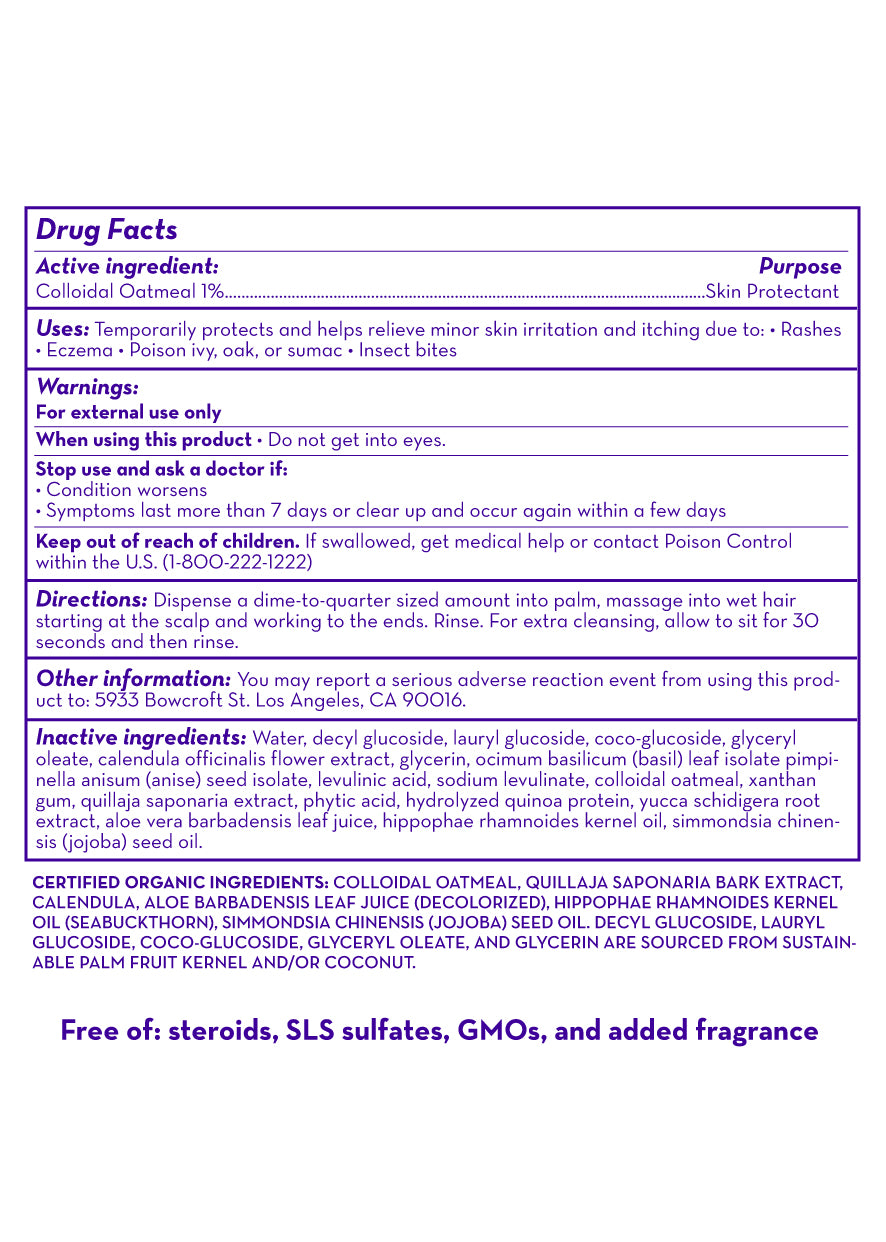 California Baby - Therapeutic Relief™ Eczema Shampoo & Bodywash drug facts label detailing active ingredients, usage instructions, warnings, and certification of organic ingredients for gentle, soothing care.