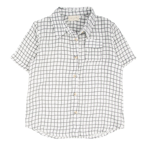 Miki Miette - Badminton Jerry Button Up Shirt in soft breathable fabric with black grid pattern, perfect stylish kids clothing from a curated children’s boutique for modern families.