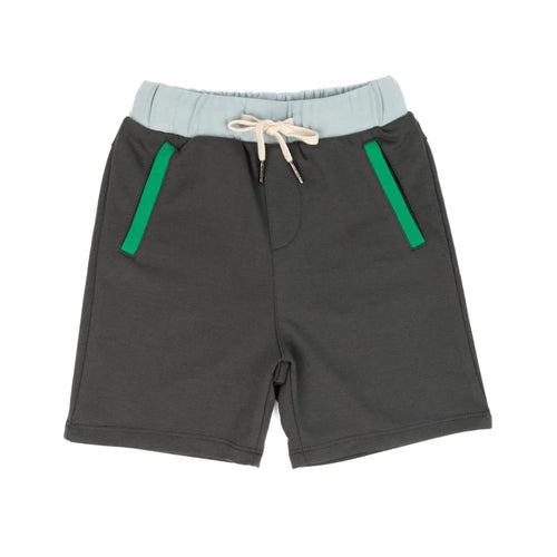 Storm gray shorts with green-accented pockets and light blue waistband featuring drawstring, part of the Miki Miette - Badminton Bud T-Shirt & Storm Shorts - Two Piece Set.