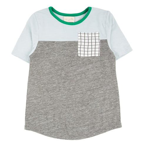 Miki Miette - Badminton Bud T-Shirt & Storm Shorts - Two Piece Set featuring a soft, breathable kids t-shirt with a light blue top, gray bottom, green neckline, and checkered pocket, perfect for stylish kids clothing from a curated children’s boutique focused on comfort and modern family essentials.