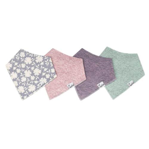 Four bandana bids lying flat on white background.  One is green, one is purple, one is pink and the last is grey with off-white flowers.
