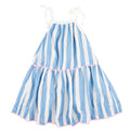 Miki Miette Bluestripe Starburst Dress featuring soft, breathable fabric with blue and white stripes and delicate pink trim, perfect for stylish kids clothing and cozy everyday wear.