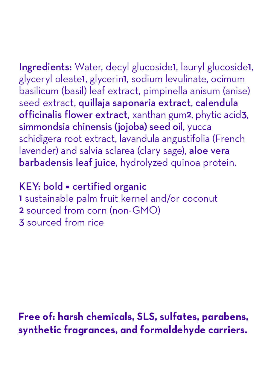 Ingredients list for California Baby - Calendula™ Shampoo & Bodywash highlighting certified organic extracts and oils, free from harsh chemicals and synthetic fragrances, suitable for sensitive skin and baby care.