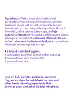 Close-up of the ingredient list for California Baby - Calming™ Bubble Bath & Bodywash showing organic extracts and natural components, highlighting gentle, eco-conscious baby skin care.