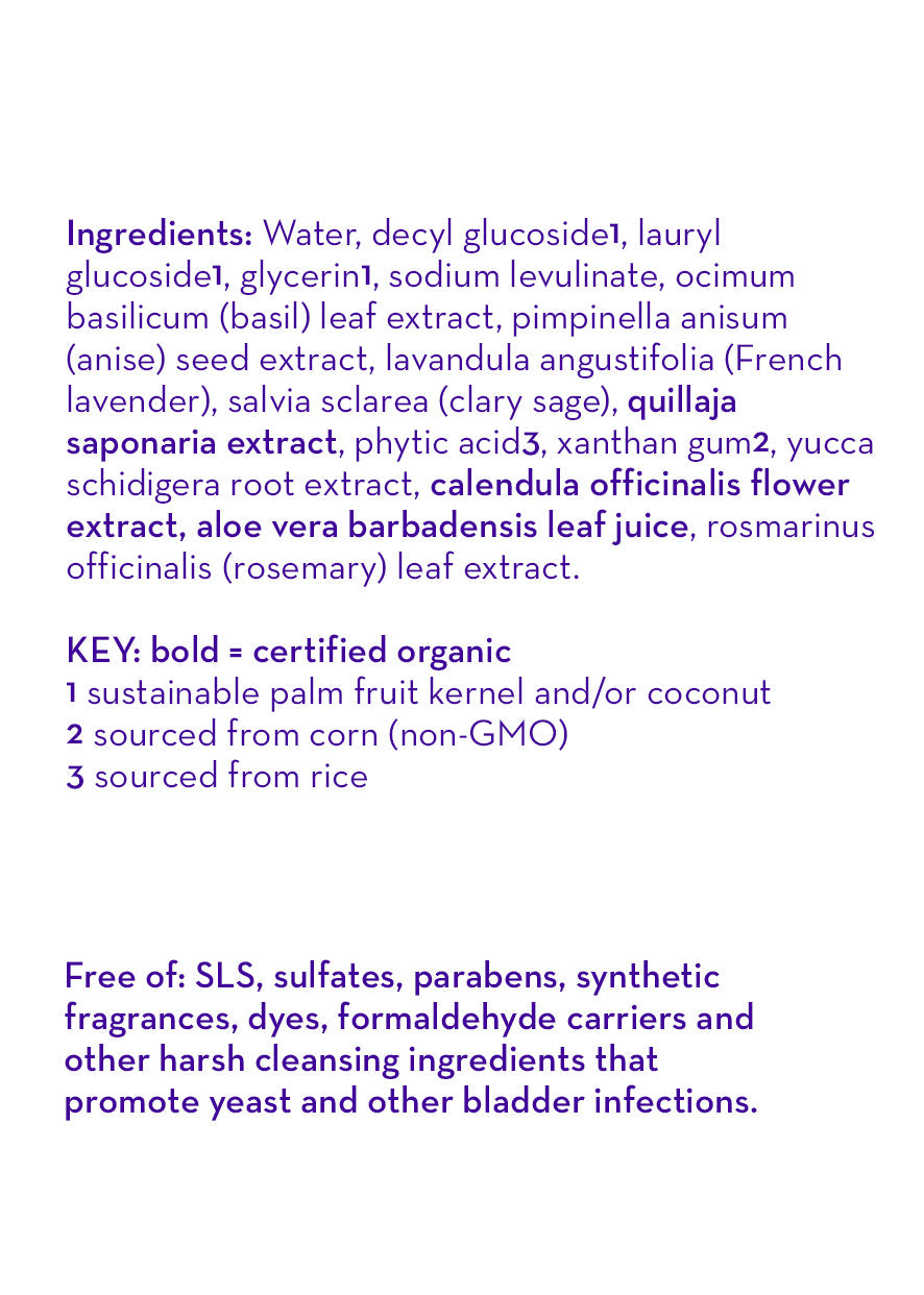 Close-up of the ingredient list for California Baby - Calming™ Bubble Bath & Bodywash showing organic extracts and natural components, highlighting gentle, eco-conscious baby skin care.