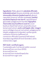 Close-up of the ingredient list for California Baby - Calming™ Hair Conditioner featuring organic and natural extracts like calendula, jojoba seed oil, sea buckthorn seed oil, apple cider vinegar, and soothing herbs.