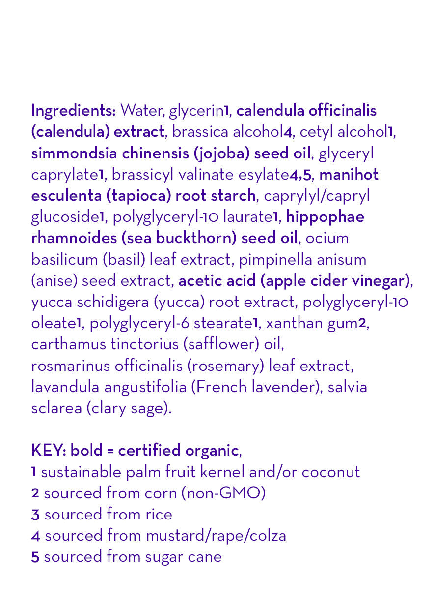 Close-up of the ingredient list for California Baby - Calming™ Hair Conditioner featuring organic and natural extracts like calendula, jojoba seed oil, sea buckthorn seed oil, apple cider vinegar, and soothing herbs.
