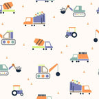 A repeating seamless pattern of colorful construction vehicles on a light cream background, including dump trucks, tractors, excavators, and a cement mixer.