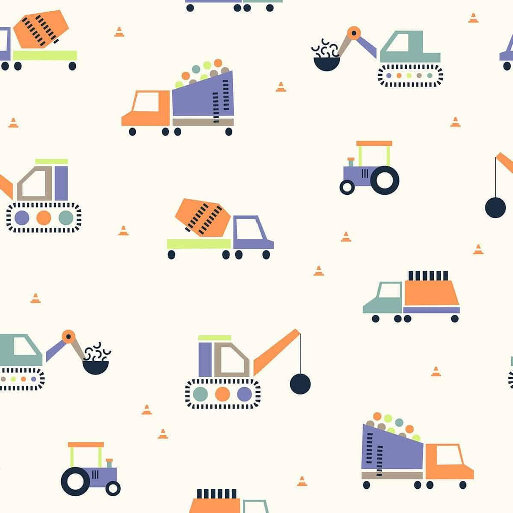 Pattern of colorful construction vehicles on a white background