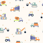 Pattern of colorful construction vehicles on a white background