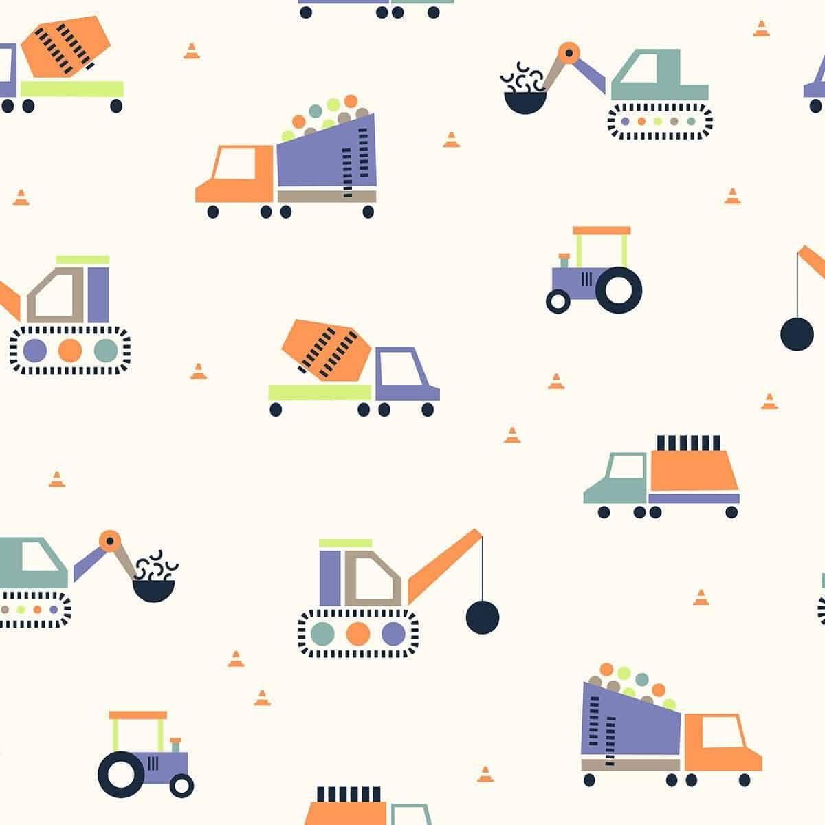 Pattern of colorful construction vehicles on a white background