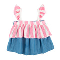 Miki Miette - Chambray Anya Tank Top & Starburst Lucia Wide Leg Pants - Two Piece Set featuring a sleeveless pink and white striped top with ruffled straps and a blue chambray ruffled bottom, perfect for stylish kids clothing.