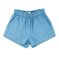 Light blue children’s shorts made from soft chambray fabric featuring an elastic waistband and front pockets, styled as Miki Miette - Chambray Ava Shorts.