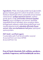 Ingredients list for California Baby - Chamomile & Mint™ Shampoo & Bodywash highlighting certified organic plant extracts and oils, free from harsh chemicals and synthetic additives, suitable for gentle, eco-conscious baby care.