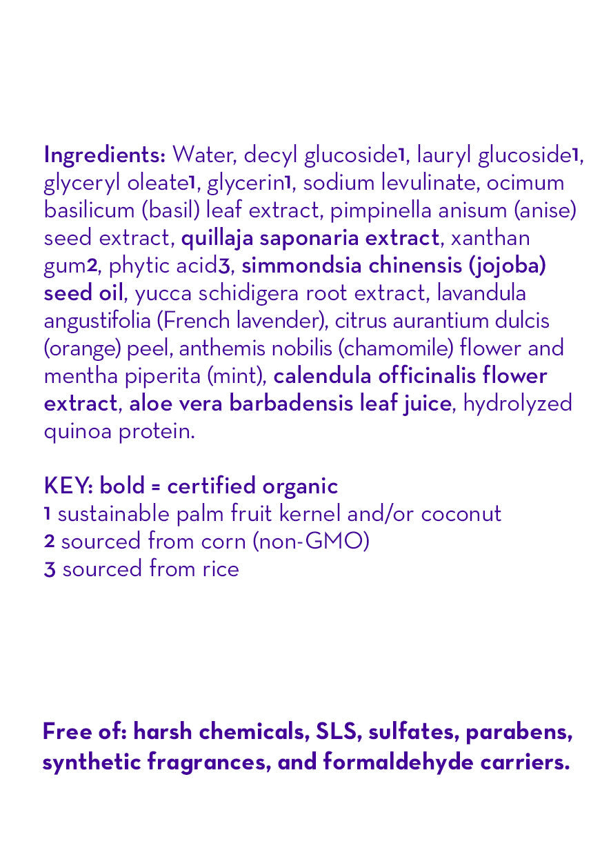 Ingredients list for California Baby - Chamomile & Mint™ Shampoo & Bodywash highlighting certified organic plant extracts and oils, free from harsh chemicals and synthetic additives, suitable for gentle, eco-conscious baby care.