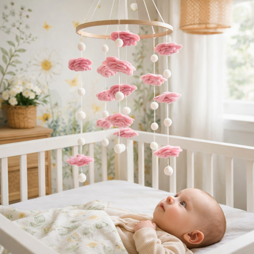 Mobile - Felt Baby - Blush Rose Flower hanging mobile with soft pink felt flowers and white balls, gently suspended above a baby in a cozy nursery setting.