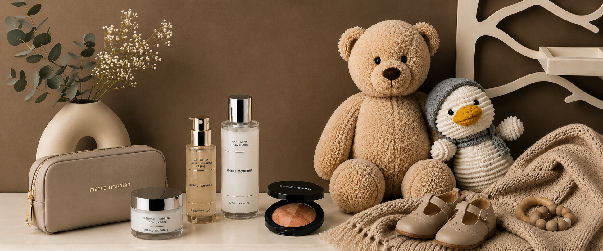 Neutral-toned baby essentials and cozy accessories including a teddy bear, plush duck toy, baby shoes, soft blanket, skincare products, and a modern ceramic vase with foliage.