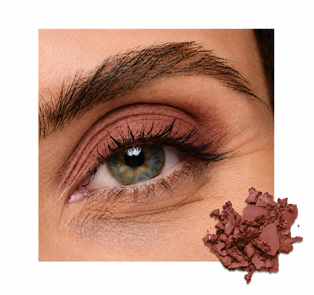 Close-up of an eye with warm mauve eyeshadow applied, next to crushed eyeshadow powder, showcasing Soft Touch Shadow (Limited-Edition Discontinued).