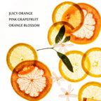 Sliced oranges, pink grapefruit, and orange blossoms on a white background with text 'Juicy Orange Pink Grapefruit Orange Blossom'.