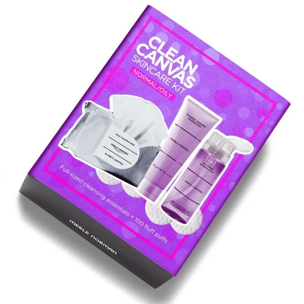 Clean Canvas Skincare Kit (Limited-Edition) for normal to oily skin featuring full-sized cleansing essentials and 100 fluff puffs in stylish purple packaging, perfect mom life essentials.