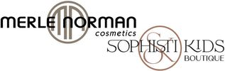 Two overlapping circular logos with stylized initials inside; the left circle contains the letters M and N in a neutral brown color labeled "Merle Norman cosmetics," and the right circle contains the letters S and K in a lighter brown color labeled "Sophisti Kids Boutique.