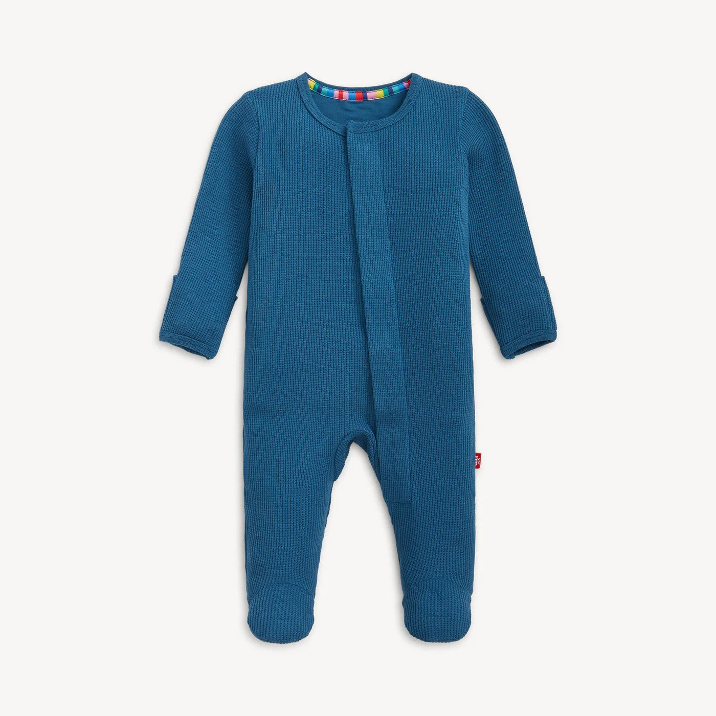 Blue baby onesie with footies on a white background