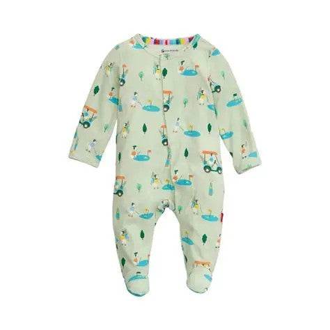 A baby long-sleeve footed sleeper in a light sage green color, featuring an all-over cartoon golf course print with golf carts, trees, and players. The sleeper has a snap-button closure at the collar and is shown against a plain white background.