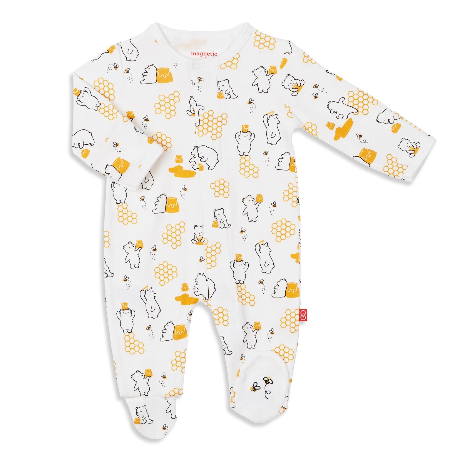 Baby onesie with bear and honeycomb pattern on a white background