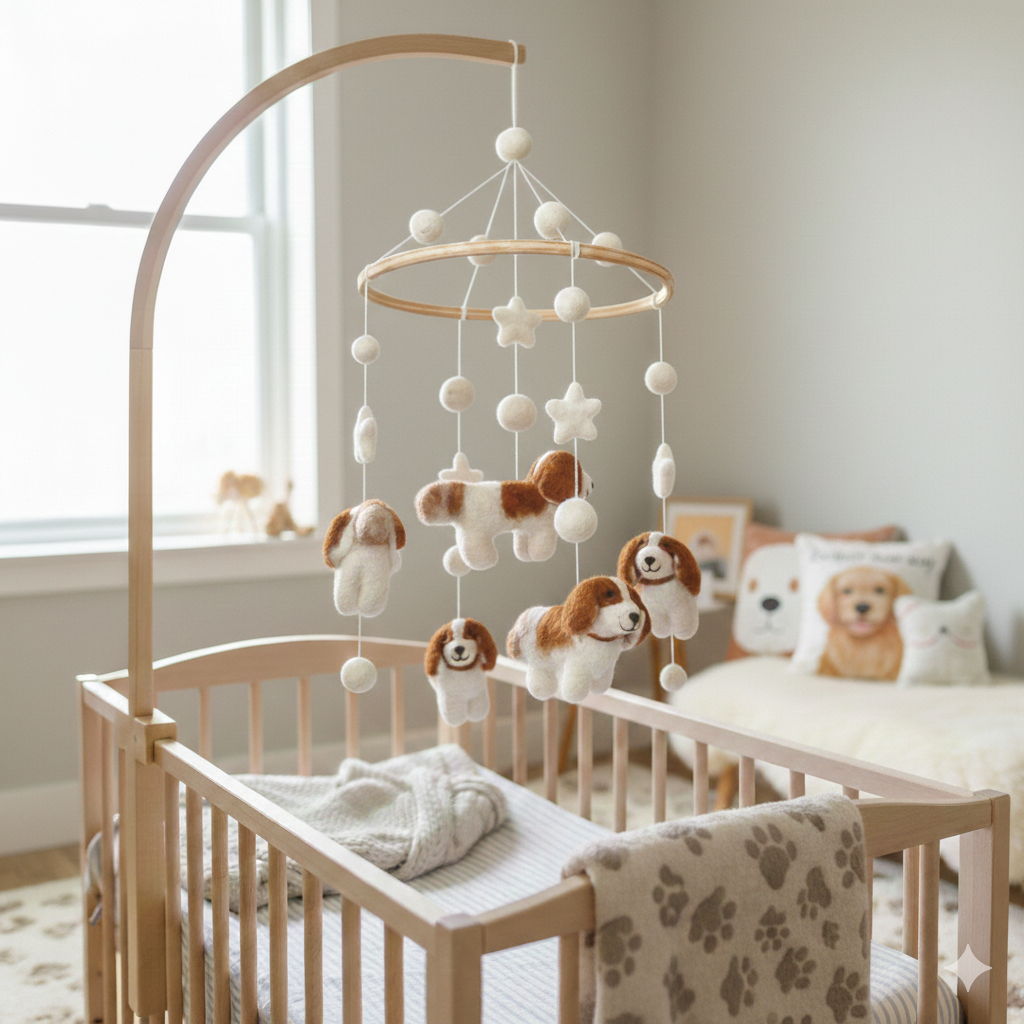 Mobile - Felt Baby - Cavalier King Charles Cavalier hanging over a wooden crib in a cozy nursery with soft neutral tones, perfect for a curated children’s boutique and mom life essentials.