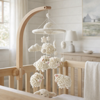 Mobile - Felt Baby - Counting Sheep features soft, woolly sheep and clouds in neutral tones, designed to gently entertain and soothe infants in a cozy nursery setting.
