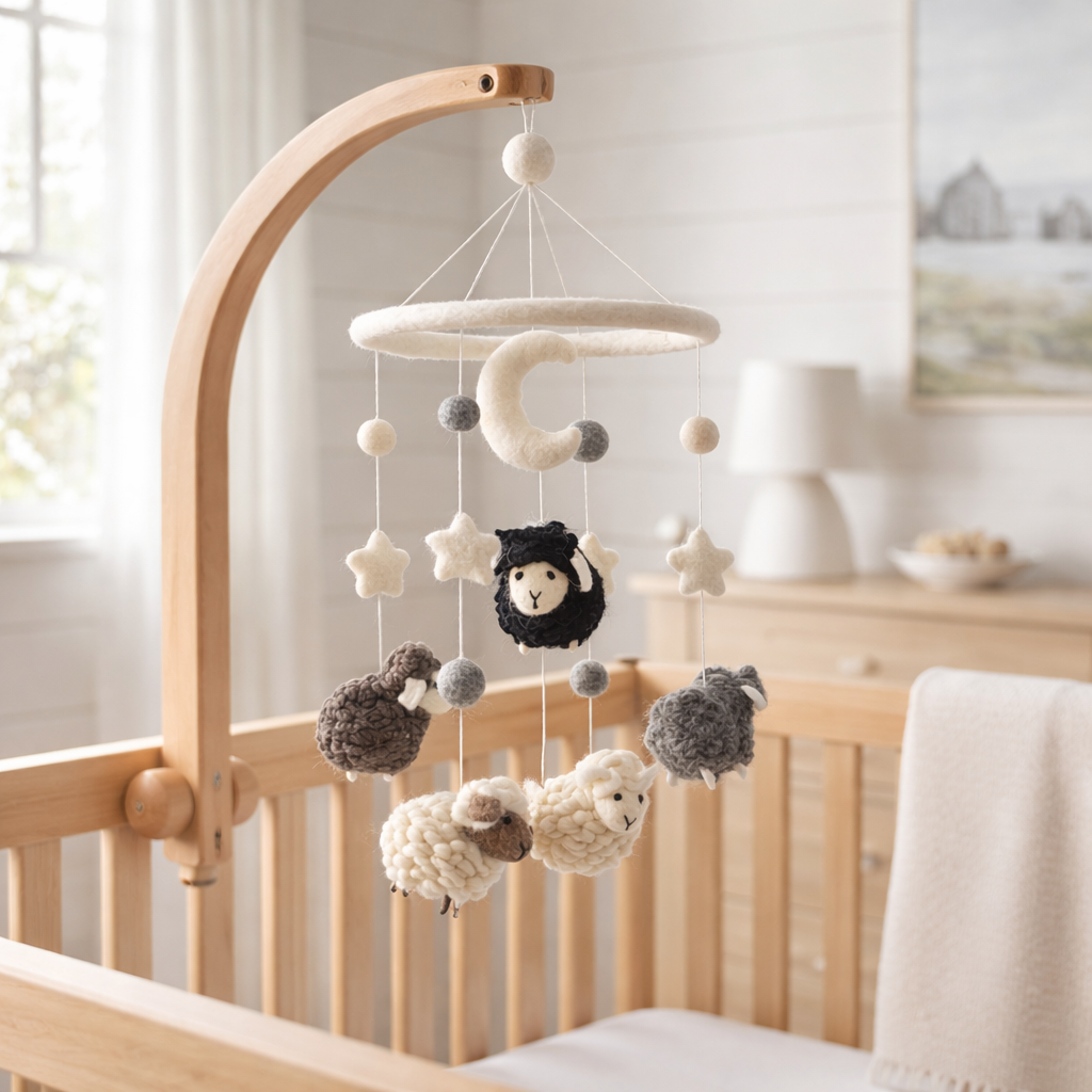 Mobile - Felt Baby Gray Sheep hanging over a wooden crib with soft felt stars, moons, and sheep in neutral tones, perfect for a cozy nursery and stylish essentials for little ones.