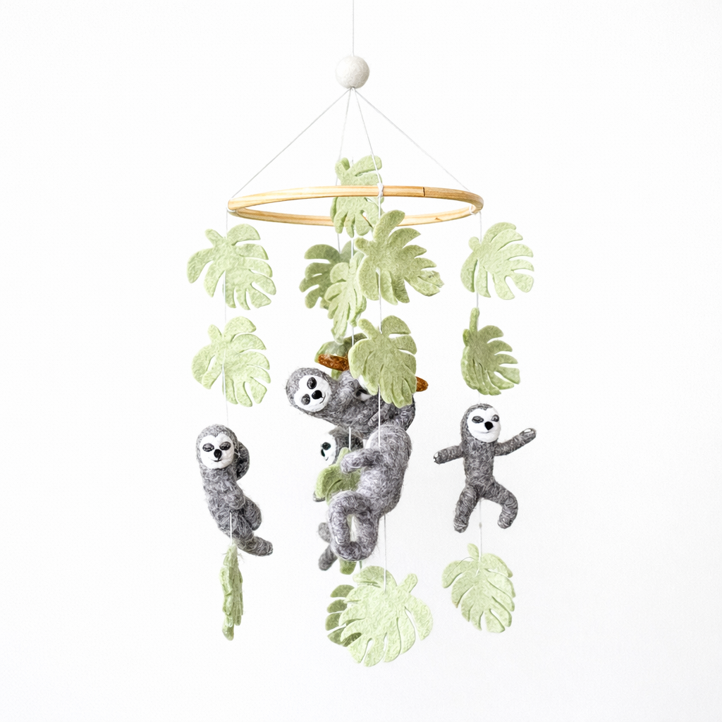Mobile - Felt Baby - Sloth hanging mobile featuring soft felt sloths and green leaves, designed as a cozy baby accessory from a curated children’s boutique focusing on stylish essentials for little ones and moms.