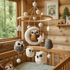 Mobile - Felt Baby - Owl hanging crib mobile with soft felt owls, stars, and moon in neutral tones, perfect for a cozy nursery with nature-inspired decor.