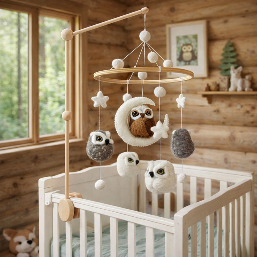 Mobile - Felt Baby - Owl hanging nursery mobile with soft felt owls, stars, moon, and neutral tones, perfect for cozy baby essentials in a curated children’s boutique setting.