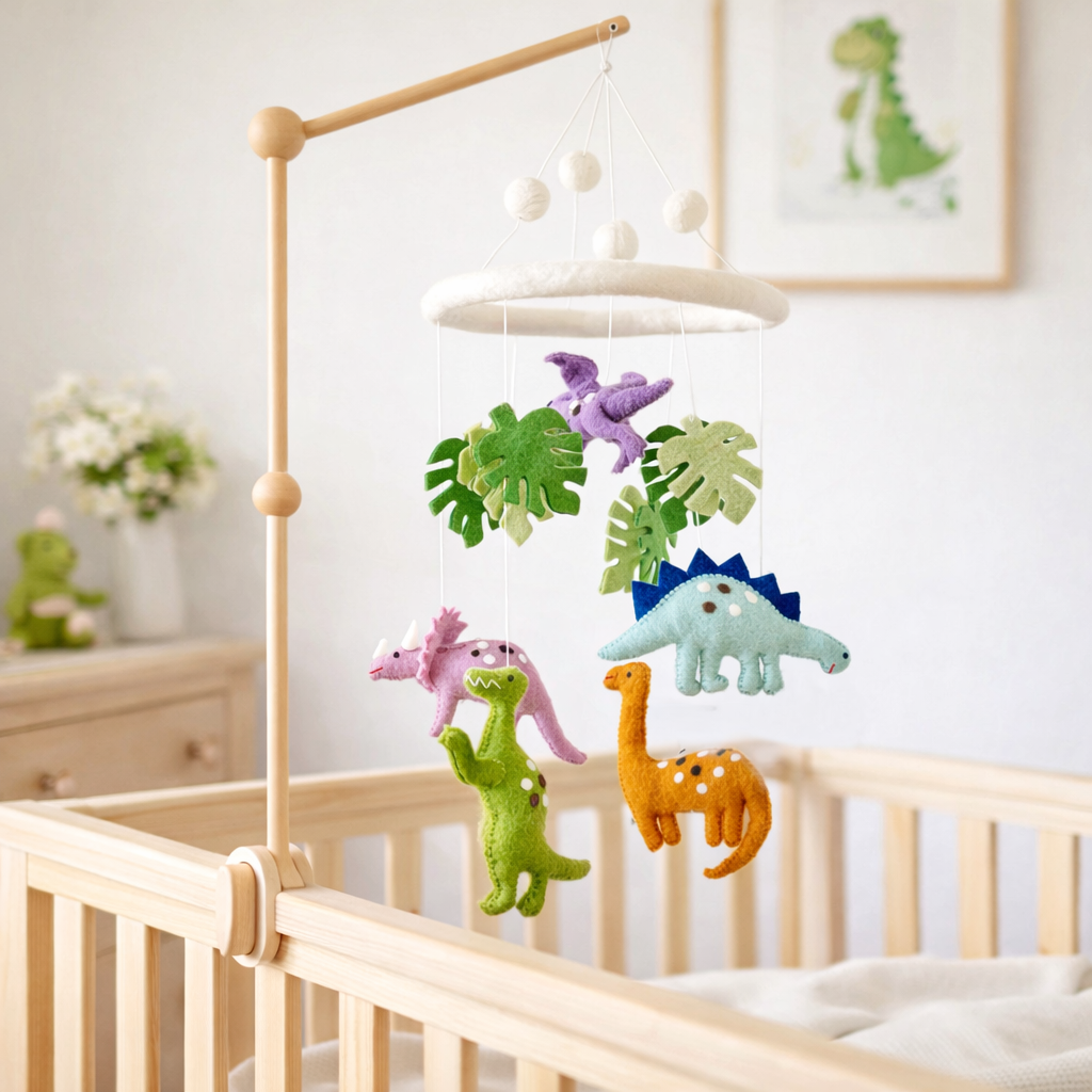 Mobile - Felt Baby - Jurassic Dinosaur hanging above a wooden crib with colorful felt dinosaur and leaf shapes, creating a cozy and playful nursery ambiance.