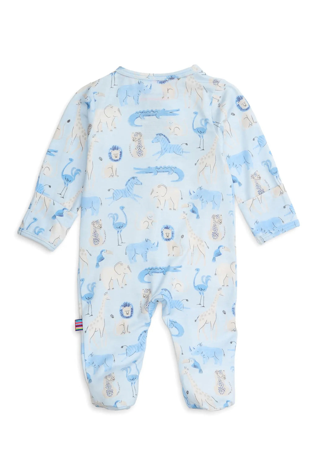 A baby long-sleeve footed sleeper in light blue with an all-over safari animal print, shown flat against a white background.