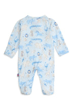 A baby long-sleeve footed sleeper in light blue with an all-over safari animal print, shown flat against a white background.