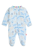 A baby footed sleeper in light blue with an all-over animal print in beige, gray, and blue, featuring a colorful striped inner collar.