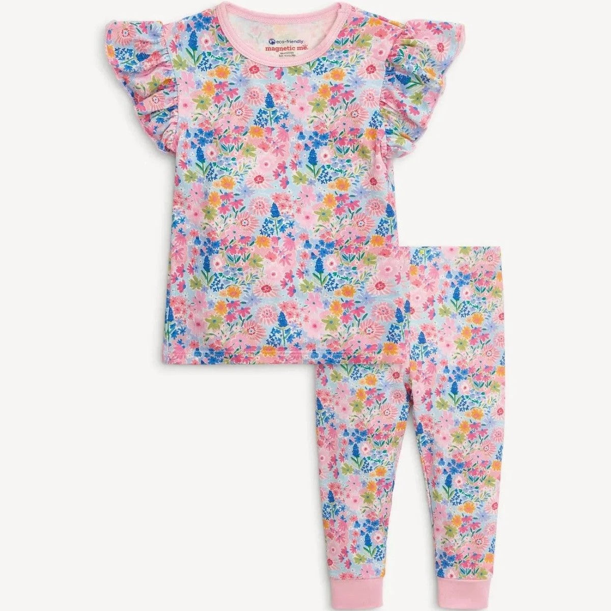 A two-piece children's pajama set featuring a short-sleeve top and matching leggings with a colorful floral print on a light pink base, displayed flat against a light off-white background.
