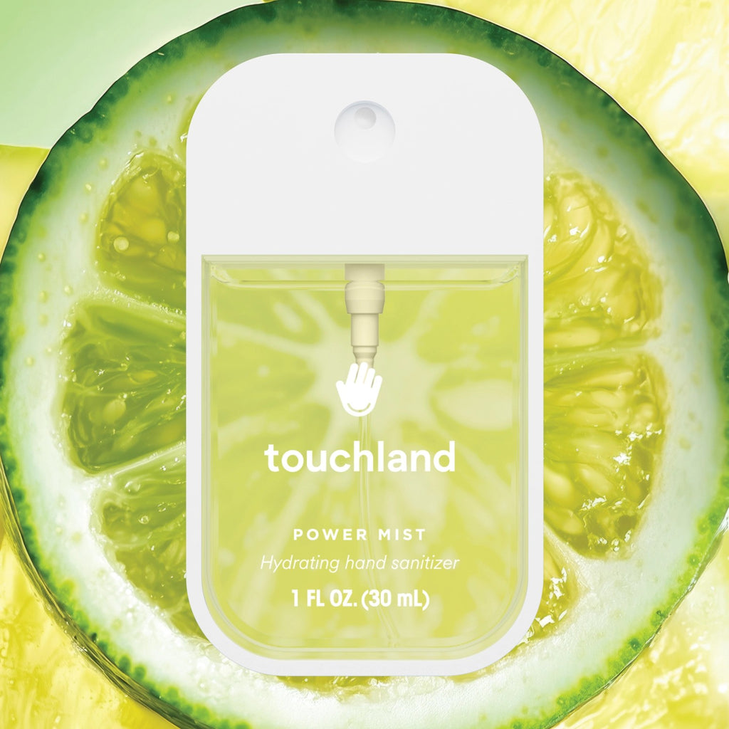 Touchland power mist hydrating hand sanitizer packaging on a lime background