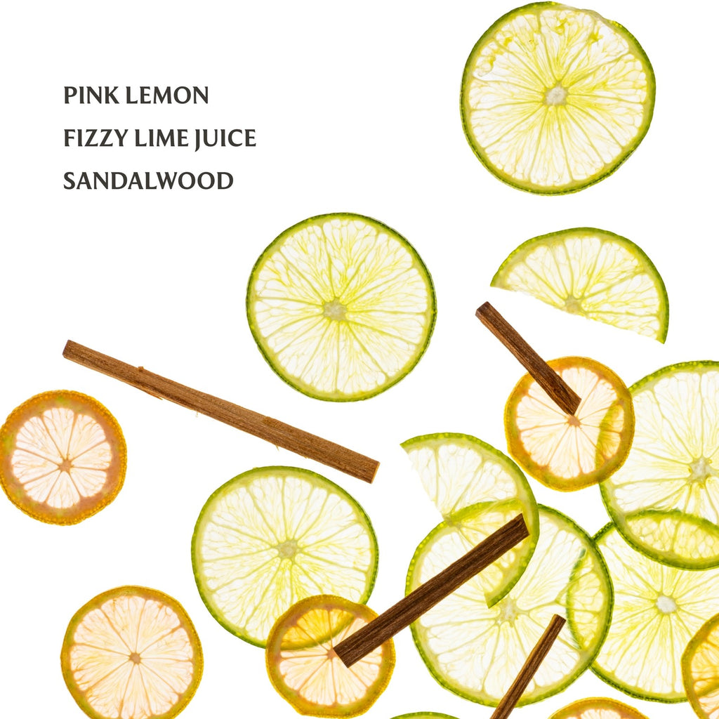 Sliced lemons and limes with cinnamon sticks on a white background, labeled 'Pink Lemon', 'Fizzy Lime Juice', and 'Sandalwood'.