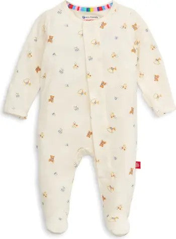 An off-white baby footed sleeper with a colorful striped collar and a small all-over print of teddy bears, bees, and flowers, shown against a plain white background.