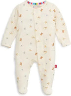 An off-white baby footed sleeper with a colorful striped collar and a small all-over print of teddy bears, bees, and flowers, shown against a plain white background.